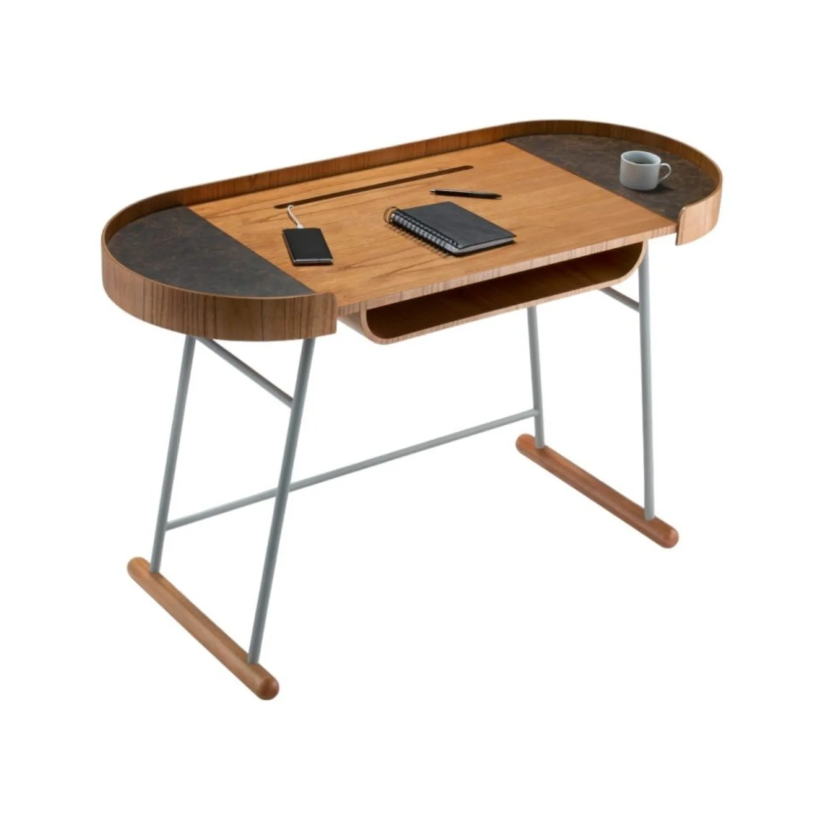 Escrivaninha Com Tampo Bandeja e Base na Lâmina Amêndoa Suave Estrutura Cinza Cimento Laterais Recouro Ecosmart Café L 1365 x P 555 A 855 mm Meridiano Design Cosmo