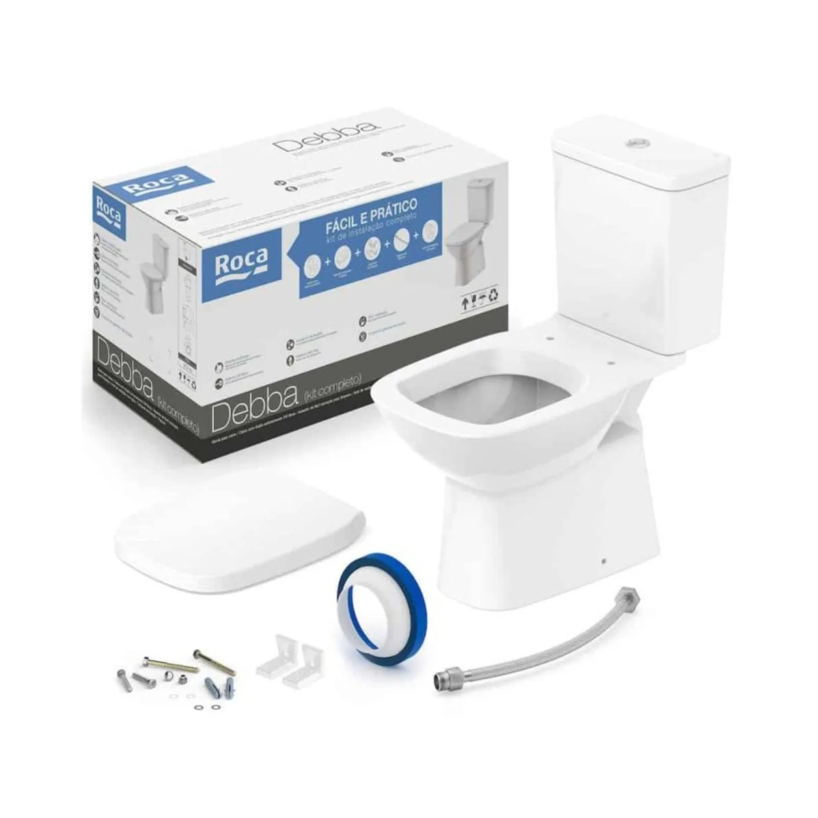 Kit de bacia com caixa acoplada, assento PP com queda amortecida e itens de instalação Branco Roca Debba Classic