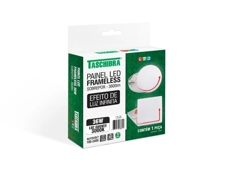 PAINEL TASCHIBRA LED FRAMELESS SOBREPOR 36W QUADRADO 4000K