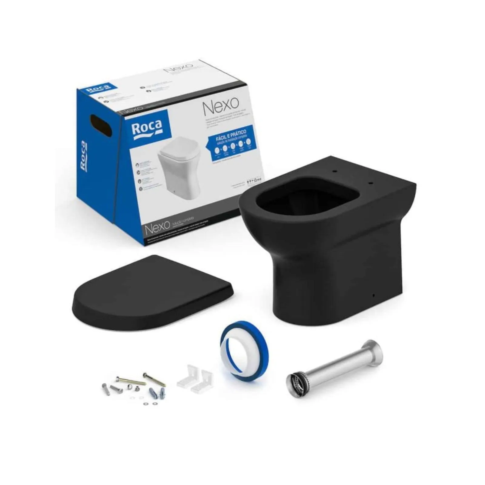 Vaso Sanitário Completo Assento Termofixo Queda Amortecida e Itens de instalação Matte Black Roca Nexo